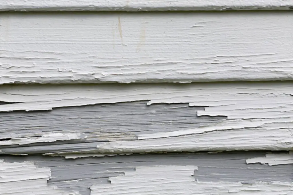 Peeling paint layers on historic wood siding showing exterior paint failure from accumulated coatings and moisture damage.