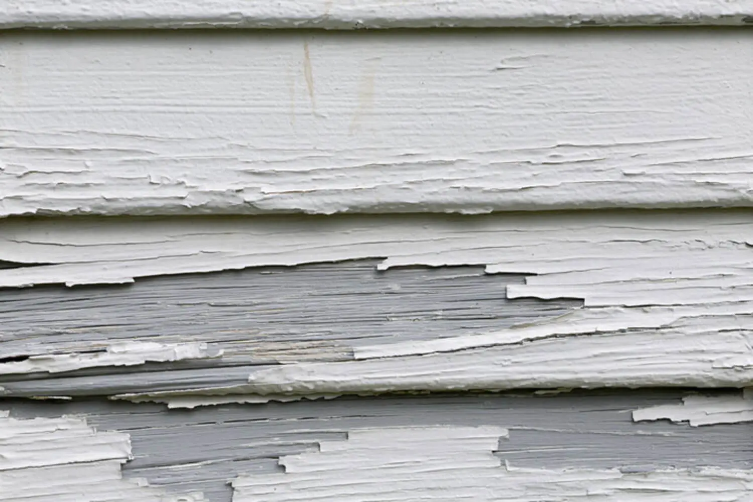 Peeling paint layers on historic wood siding showing exterior paint failure from accumulated coatings and moisture damage.