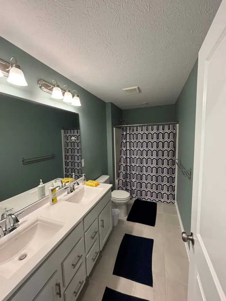 Freshly painted bathroom with dark teal walls and white vanity, completed by Integrity in Blue in Brownsburg, IN