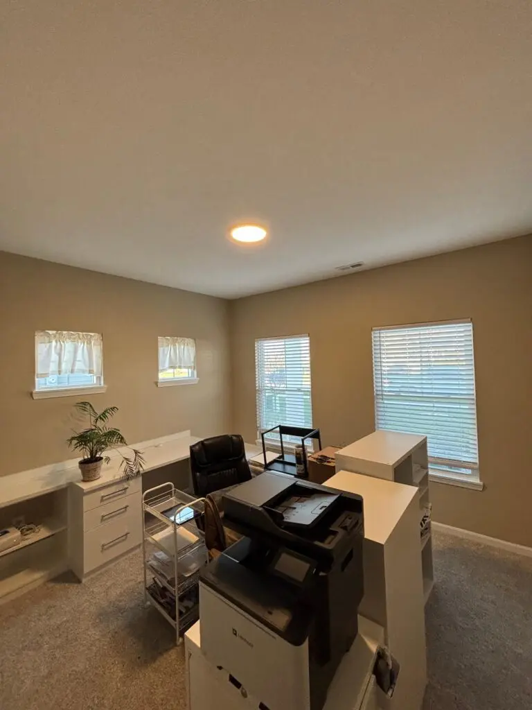 Home office with warm beige walls after interior painting in Brownsburg, IN